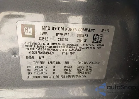 2019 Chevrolet Trax Lt z USA, uszkodzony, nr VIN KL7CJLSBXKB856839